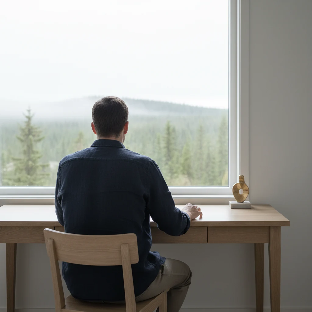 Aktiivinen mies rauhallisessa pohjoismaisessa ympäristössä